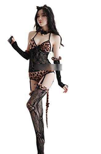 SINMIUANIME Women Lingerie Teddy Underwear Leopard Rabbit Costume Cosplay Lingerie Babydoll Jumpsuit Set - 8947black
