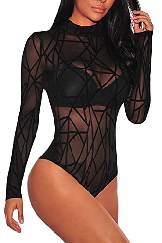 Aranmei Womens Sexy Floral Sheer Lace Sleeveless Bodysuit Long Sleeve Clubwear Tops - Black Striped - XL