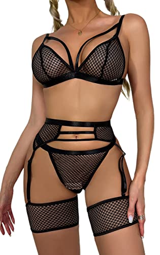 marysgift Sexy Lingerie Lace Bra and Panties Set Strappy Babydoll Nightwear Sexy Underwear for Women UK 6-14 - 12-14 - Black