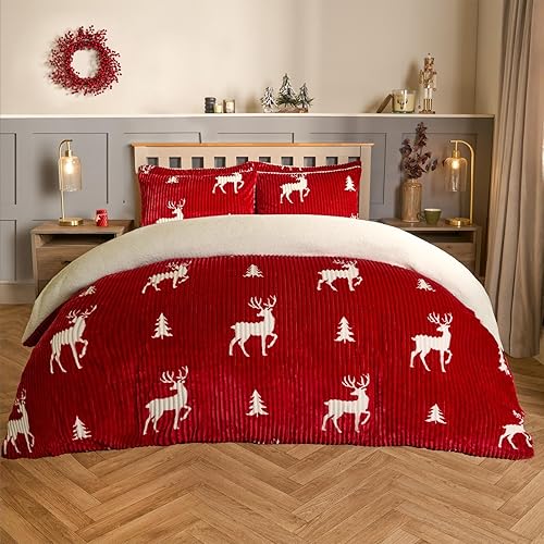 OHS Stag Print Ribbed Fleece Duvet Cover, Fluffy Bedding Double Reverse Fur Fleece Duvet Covers Winter Bedding Super Soft Warm Fluffy Quilt Covers with Pillowcases - Red - Double - Red