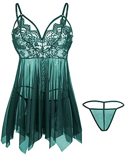 Giorzio Women Lingerie Lace Babydoll Strap Chemise Teddy V Neck Sleepwear - A-dark Green - XL
