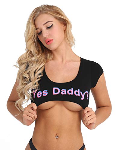FEESHOW Women Yes Daddy Letter Printed Short Sleeve Crop Tops Short Tees Bra Midriff Tops - Black