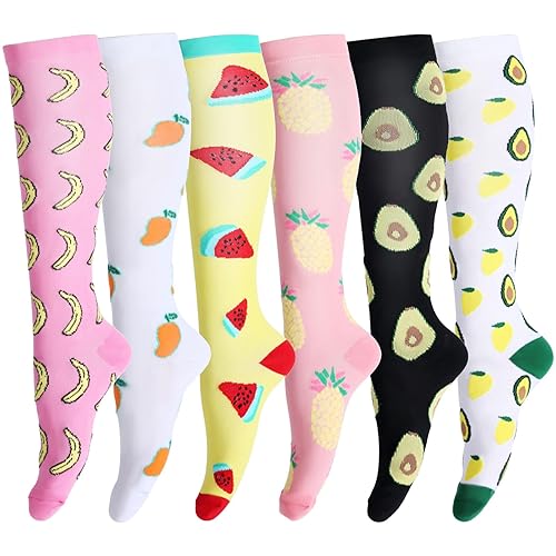 Compression Socks for Men & Women (6Pair) Non-Slip Long Tube Ideal for Running,Nursing,Circulation & Recovery Boost Stamina, Hiking Travel & Flight Socks 20-30 mmHg - S-M - Fruit