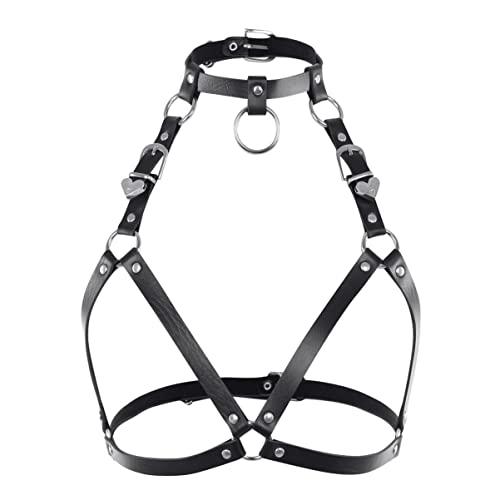 CHICTRY Womens Open Bra Faux Leather Strappy Choker Neck Chest Binder Bra Top - One Size - Black #1