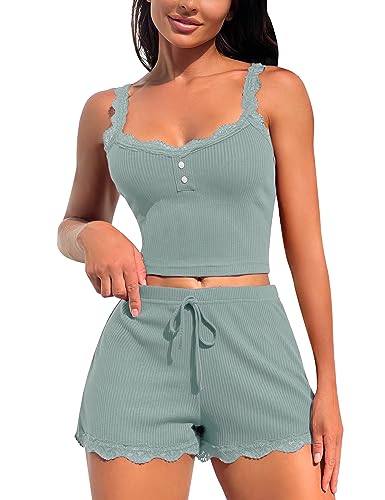RSLOVE Women Pyjamas Lace PJ Set for Women Top and Shorts Sexy Sleepwear - XL - Light Blue