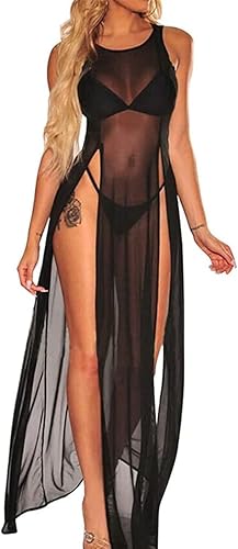 Najiny Sexy Kleid aus transparentem Netzstoff mit hoher Öffnung, langes Bikini-Cover-Up für Bikini, Netzoberteile, Strandbekleidung, Strandkleid, Kleid für Damen - Einheitsgröße - Schwarz