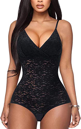 Gotoly Women Bodysuit Lace Shapewear Deep V Neck Jumpsuits Tummy Control Waist Trainer Sleeveless Camisole Body Shaper - Black - XL
