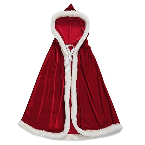 Women Christmas Costume Mrs. Santa Claus Deluxe Velvet Hooded Cape Robe Cardigan Cloak Dress Halloween Role Play Party Dress Outfit for Christmas Masquerade Party - Length with hood 47.2"