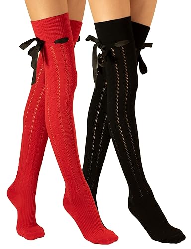 Molton Marley 2 Pack Extra Long Over The Knee Thigh High Long Socks, Bow and Ribbon, Cotton Knit, Girls' and Women's, Made in Europe - S-M - Red, Black