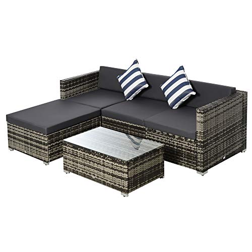 Outsunny 5 Pieces Outdoor PE Rattan Patio Furniture Set, 4 Seater Garden Sectional Sofa with Glass Top Coffee Table, Metal Frame, Cushion, Pillows, Grey - Grey