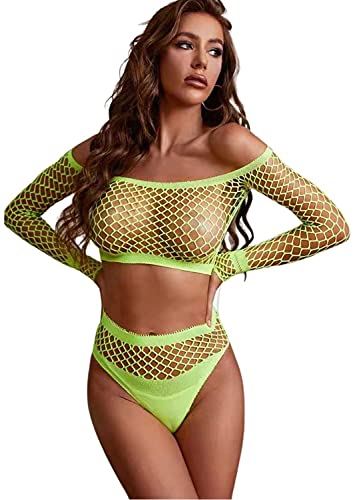 Bommi Fairy Women Lingerie Fishnet Set Chemise Long Sleeve Babydolls Mini Dress Mesh Sleepwear Free Size UK 4-20 - Yellow