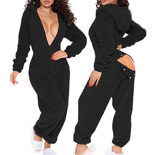 Women Fleece Onesies with Butt Flap,Ladies Teddy Bear Onesie Fluffy Hooded Pyjamas Funny Novelty Animal Pajamas Winter Warm Plush Flannel One Piece Jumpsuit Playsuit Loungewear UK Size 8-16 - Black - XL