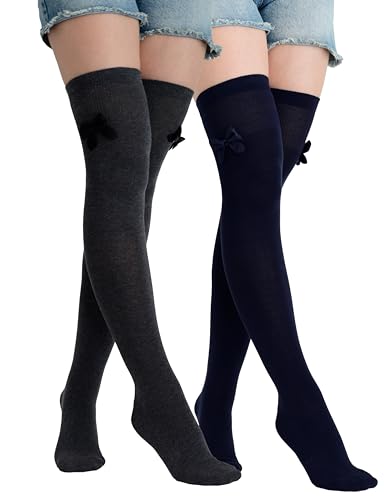 Molton Marley 2 Pack Over The Knee Thigh High Long Socks, Bow, Cotton Fine Knit, Girls' and Women's, Made in Europe - S-M - Dark Grey, Navy