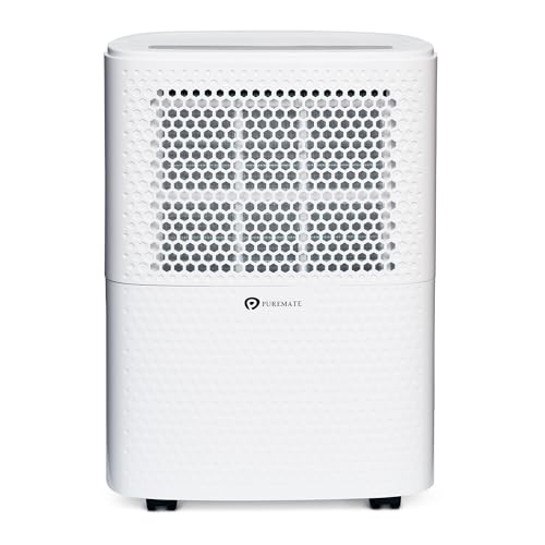 PureMate 12L/Day Dehumidifier with Air Purifier, Digital Humidity Display, 12 Litre, Continuous Drainage with Drainage Hose and 24Hr Timer - For Home & Office, Damp, Mould Control, Laundry Drying