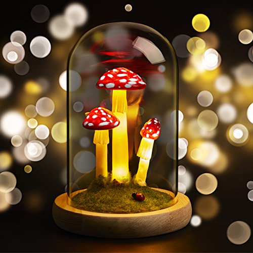 Mushroom Night Light Mushroom Lamp Mushroom Decor LED Light in Glass Dome Mushroom Lamp Glass Dome with Base for Home Decor Wedding Birthday Party Valentine's Gift (5.91 x 3.54 x 3.54 Inch) - 5.91 x 3.54 x 3.54 Inch