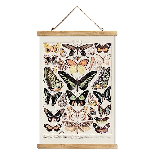 Vintage Poster Hanger Frame, Retro Style Wall Decor Art Painting, Patterns are Printed on Linen Without Fading, Scrolls Made of Fir are Durable (Butterfly) - Butterfly