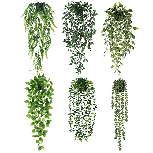 CEWOR Artificial Hanging Plants, 6 Pack Fake Hanging Plant Faux Potted Greenery Eucalyptus Vine, Bamboo Leaves, Boston Fern, Pothos, String of Pearls, Pea Pods for Home Wall Shelf Indoor Decor