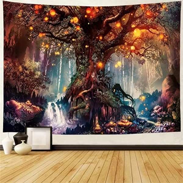 HoYuanFlo Magical Forest Tapestry Fantasy Plant Wall Hanging Tapestry Fairy Tales Life Tree Elves Waterfalls Stream Wall Art Hanging for Home Bedroom Living Room Dorm Décor 50*60 Inches