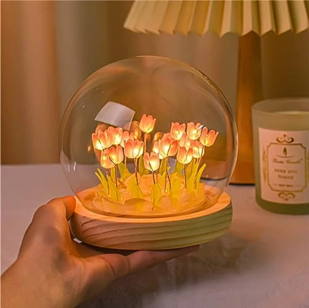 DIY Tulip Night Light KINGCOO Handmade Furniture Decoration Simulation Flower Bedroom Sleeping Table Lamp Children Girl Couple Friends Gift Atmosphere Decoration Desk Ornament (Pink 20 Flowers)