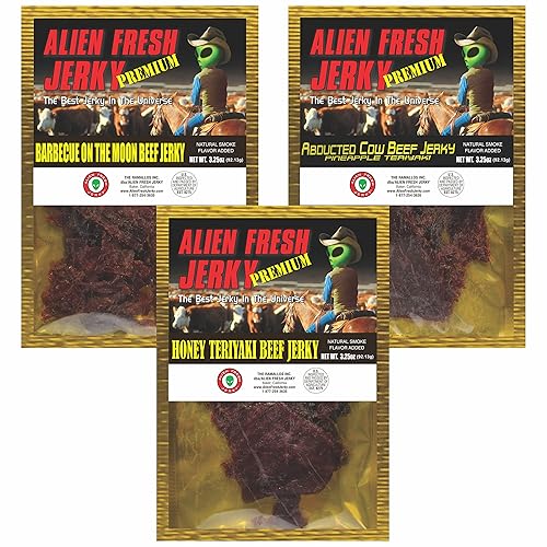 Alien Fresh Jerky - Sweetest Bundle of the Universe - Honey Teriyaki | BBQ on the Moon | Abducted Cow - Premium Beef - Low Calorie Snack - The Best Jerky In The Universe - Made In USA 3 Pack Sampler Set