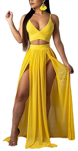 Women Sexy 2 Piece Outfits Dress Chiffon Strap Deep V Neck Bra Crop Top High Split Maxi Dresses Skirt Set - Small - Yellow