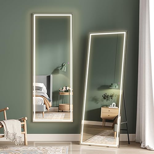 Dripex LED Full Length Dressing Mirror, 160x50cm Free Standing Floor Mirror, Wall Mounted Hanging Mirror with Lights, Full Size Body Mirror with Dimming & 3 Color Lighting for Bedroom (Black Frame) - Black Frame-160 X 50 Cm