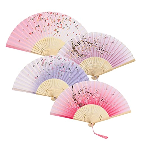 Wancala 4 Pcs Folding Hand Fans for Women, Pink Purple Bamboo Handheld Folding Fan, Chinese Style Holding Fans for Dancing, Party, Wedding Gifts, DIY Decoration, Home Decorations