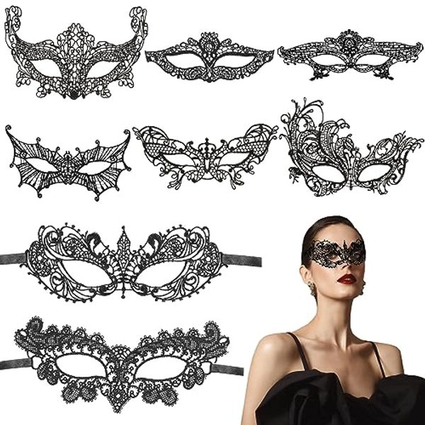 8 Pcs Masquerade Mask for Women Black Halloween Lace Mask Sexy Lace Eye Mask Masquerade Ball Mask Catwomen Mask Halloween Party Carnival Fancy Dress Costume Accessories