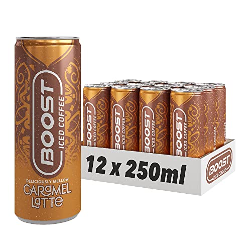 Boost Iced Coffee Caramel Latte, 12 x 250 ml, Ready-To-Drink Cold Brew Coffee Drink, The Perfect Caffeine Boost, A Smooth and Mellow Blend of 100% Arabica and Robusta Beans with Milk - Caramel - 250 ml (Pack of 12)