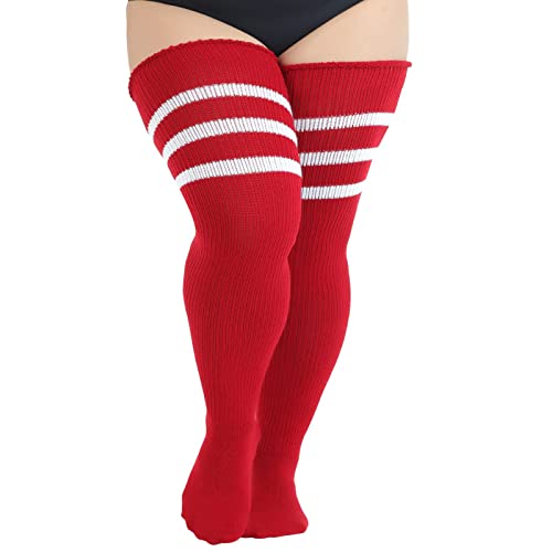 Aaronano Plus Size Thigh High Socks Striped Over Knee High Socks Thick Extra Wide Long Boot Stockings Leg Warmers for Women - One Size - Red