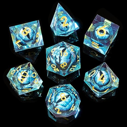 YEMEKO Beholder'S Eye DND Dice- Dragon Eye Liquid Core Sharp Edge Handmade Dice Set for Dungeons and Dragons Ttrpg, Multi-Sided RPG Polyhedral Resin Roleplaying （Blue Dragon Eyes） - Dragon Eye-blue