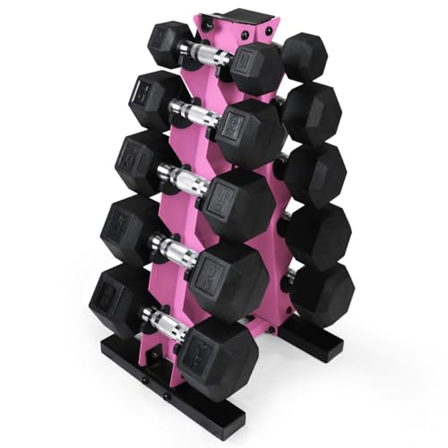 WF Athletic Supply 5-25Lb Rubber Coated Hex Dumbbell Set with A Frame Storage Rack Non-Slip Hex Shape for Muscle Toning, Strength Building & Weight Loss - Multiple Choices Available - Blue Straight Handle