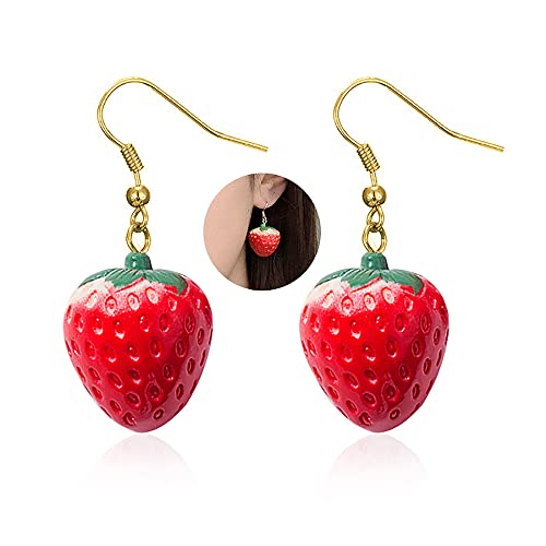 Simulated Fruit 3D Strawberry Acrylic Earring. Cute Stereoscopic Red Strawberry Dangle Earring, Country Style Ear Clip Ear Hook Girl's Jewelry - A