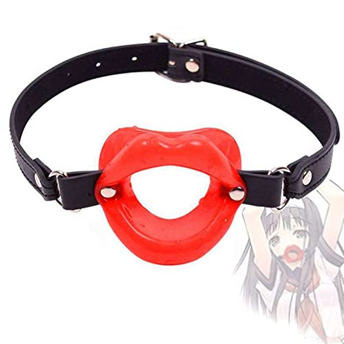 J11-Adjustable Leather Rubber Lips O Strap Waterproof Red Leather Silicone For Women Bright Red Restraints Ball Mouth Plug Great for Couple