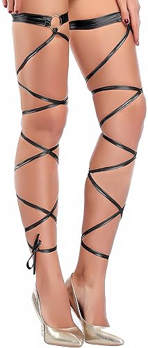 SEAUR Women's Sexy Leg Wraps with O Ring Rave Garter Set Gothic Criss Cross Bandage for Halloween Dancing Music Festival - Black