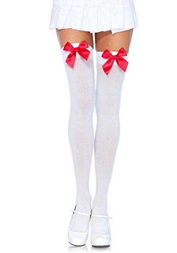 Leg Avenue Women's Satin Bow Accent Thigh Highs - One Size - White/Red