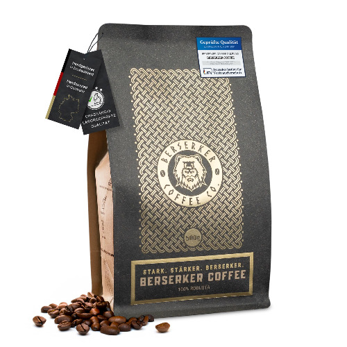 BERSERKER COFFEE® Extra starka kaffebönor | 237 mg koffein på 100 ml kaffe | Chocolate Coffee Espresso Beans 500 g | Premium Robusta hela bönor utan tillsatser | Bönkaffe helautomatisk