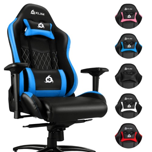 KLIM Esports Gaming Stuhl - NEU 2023 - Mit Lenden- und Nackenstütze - Verstellbar Gaming Sessel Ergonomisch PC Stuhl - Kunstleder und Premium-Materialien - Schwarz Gamer Stuhl - Gaming Chair - Blau - Blau