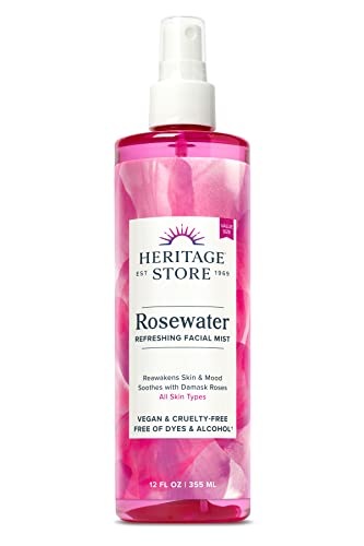 HERITAGE STORE Rosewater - Refreshing Facial Mist for Glowing Skin with Damask Rose, All Skin Types - Rose Water Spray for Face, Made Without Dyes or Alcohol, Hypoallergenic, Vegan, Cruelty Free, 12oz - 12 Fl Oz (Pack of 1)