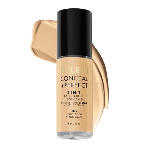 Milani Conceal + Perfect Liquid Foundation - Light Beige, 1 Fl. Oz. Cruelty-Free, Water-Resistant, Oil-Free, Medium-To-Full Coverage, Satin Matte Finish - 03-Light Beige