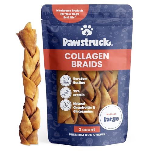 Pawstruck Natural Large 10-13” Beef Collagen Braids for Dogs - Healthy Long Lasting Alternative to Traditional Rawhide & Bully Sticks w/Chondroitin & Glucosamine - 3 Count - Packaging May Vary - Large - 7.4 Ounce (Pack of 1)