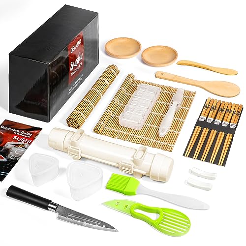 Delamu Sushi Making Kit, Upgrade 22 in 1 Sushi Maker Bazooker Roller Kit with Bamboo Mats, Chef's Knife, Triangle/Nigiri/Gunkan Sushi Rice Mold, Chopsticks, Sauce Dishes, Rice Spreader, User Guide