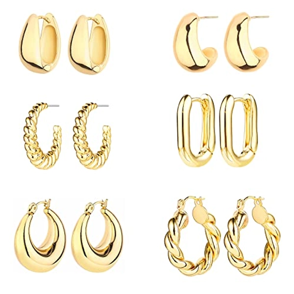 6 Pairs 14K Gold Hoop Earrings for Women Lightweight Chunky Hoop Earrings Multipack Hypoallergenic, Thick Open Twisted Huggie Hoops Earring Set Jewelry for Gifts.