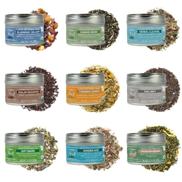 Heavenly Tea Leaves Organic Loose Leaf Tea Sampler Set, 9 Assorted Black Teas, Green Teas & Herbal Tisanes (Approx. 90 Servings) - Great Hot or Iced, Variety Pack