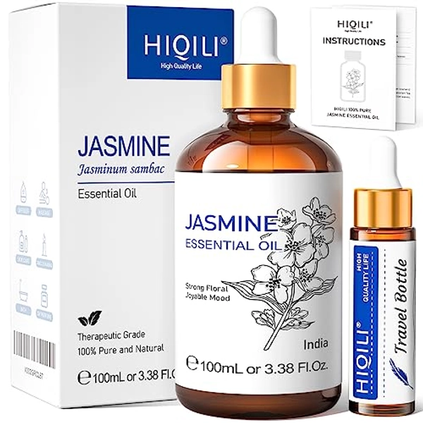 HIQILI Jasmine Essential Oil, Premium Quality Pure & Natural Jasmine Oil for Diffuser, Perfume, Shampoo, Aromatherapy - 3.38 Fl Oz