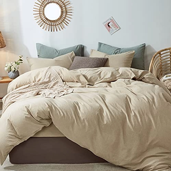 MooMee Bedding Duvet Cover Set 100% Washed Cotton Linen Like Textured Breathable Durable Soft Comfy (Khaki, Full)