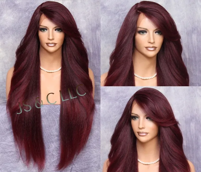 40" Extra long Human Hair BlendFull Lace Front wig Romantic Straight and bangs Burgundy Mixed natural mono side part Heat Safe