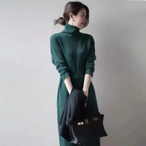 Long-Sleeve Turtleneck Plain Midi Sweater Dress