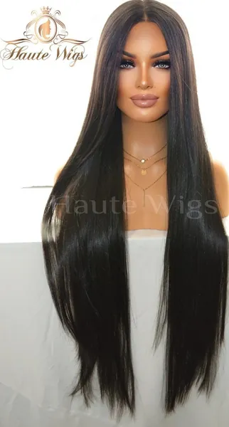 Kim K XXX Long 40 Inches Lace Front Human Hair Womens Wig Ladies JET BLACK Luxury Straight Wigs