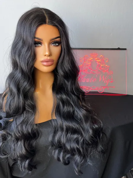 Wavy xxx Long 36 Inches NoLace Front Wig Deep Black Stunning Human Hair Synthetic Blends mix Curly Beautiful Density